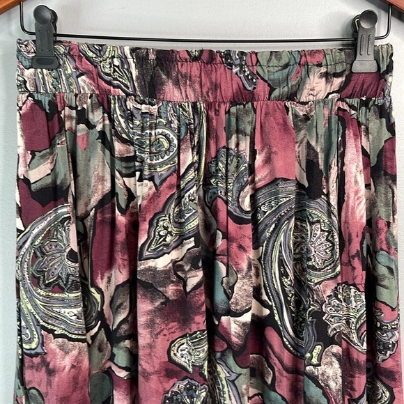 VINTAGE 80s Paisley Floral Print Midi Skirt Hunter Green Dusty Rose Rayon L - Picture 4 of 9